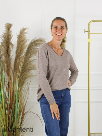 Fijn Brei Top V-Hals Mabel - Taupe Melee